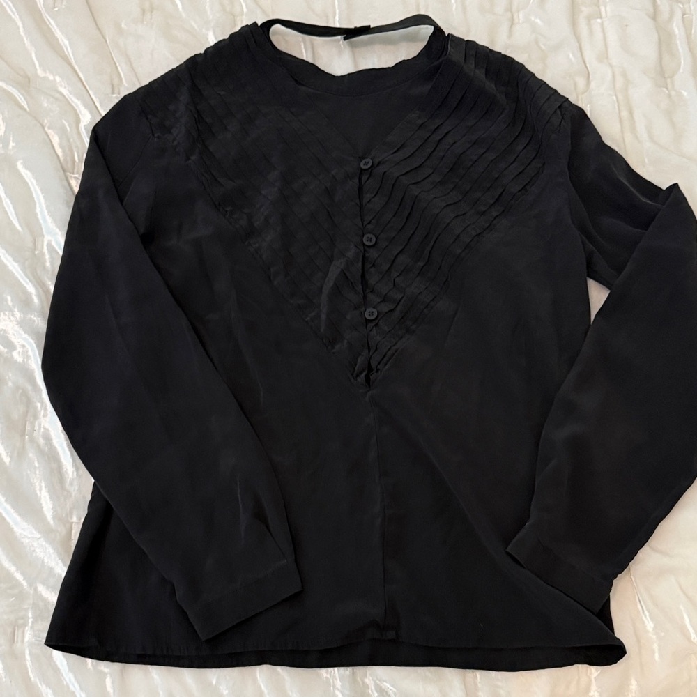 J Brand Black Pleated Yoke Long Sleeve Blouse